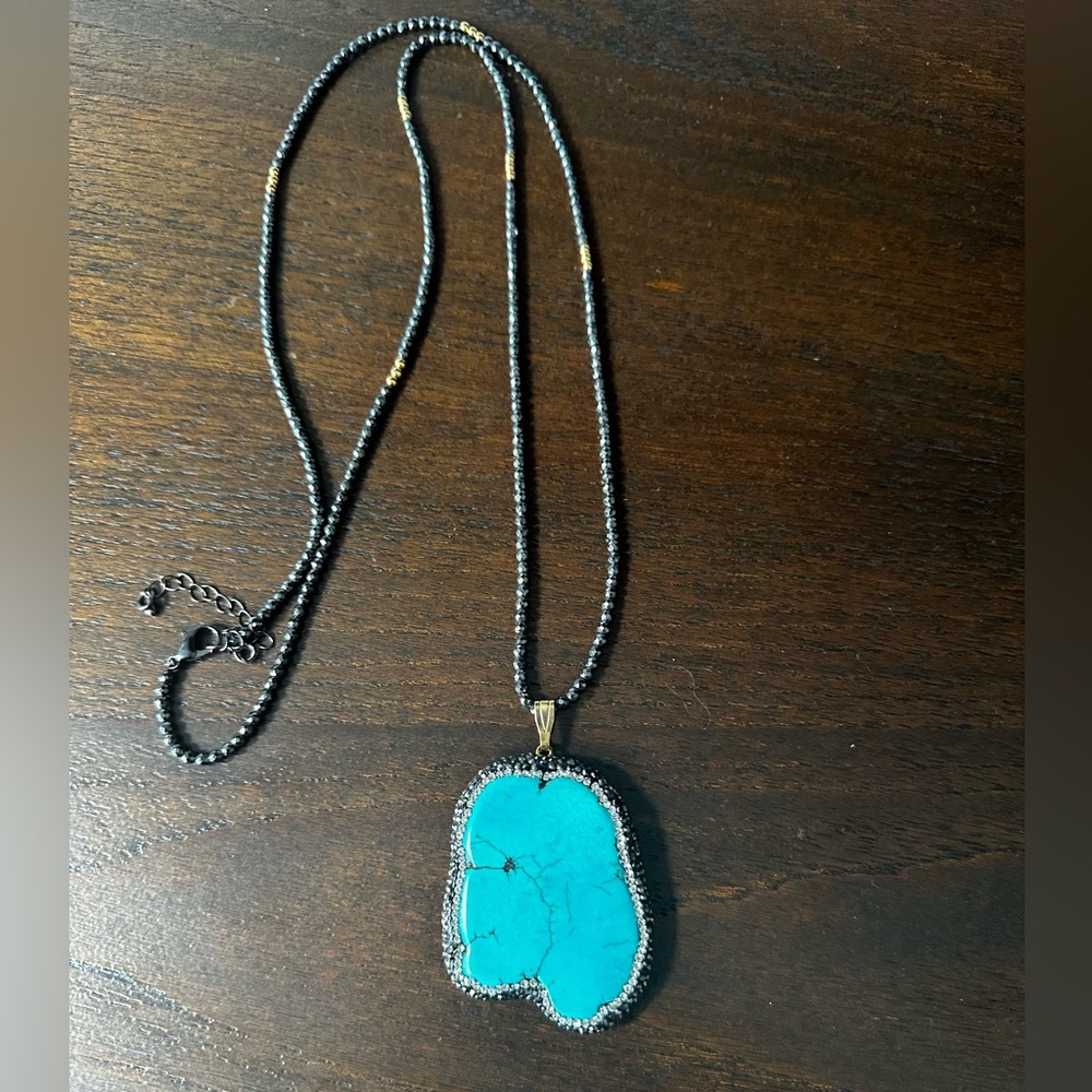 Turquoise (Natural Stone) & Marcasite Long Pendant Necklace Smokey Quartz Chain
